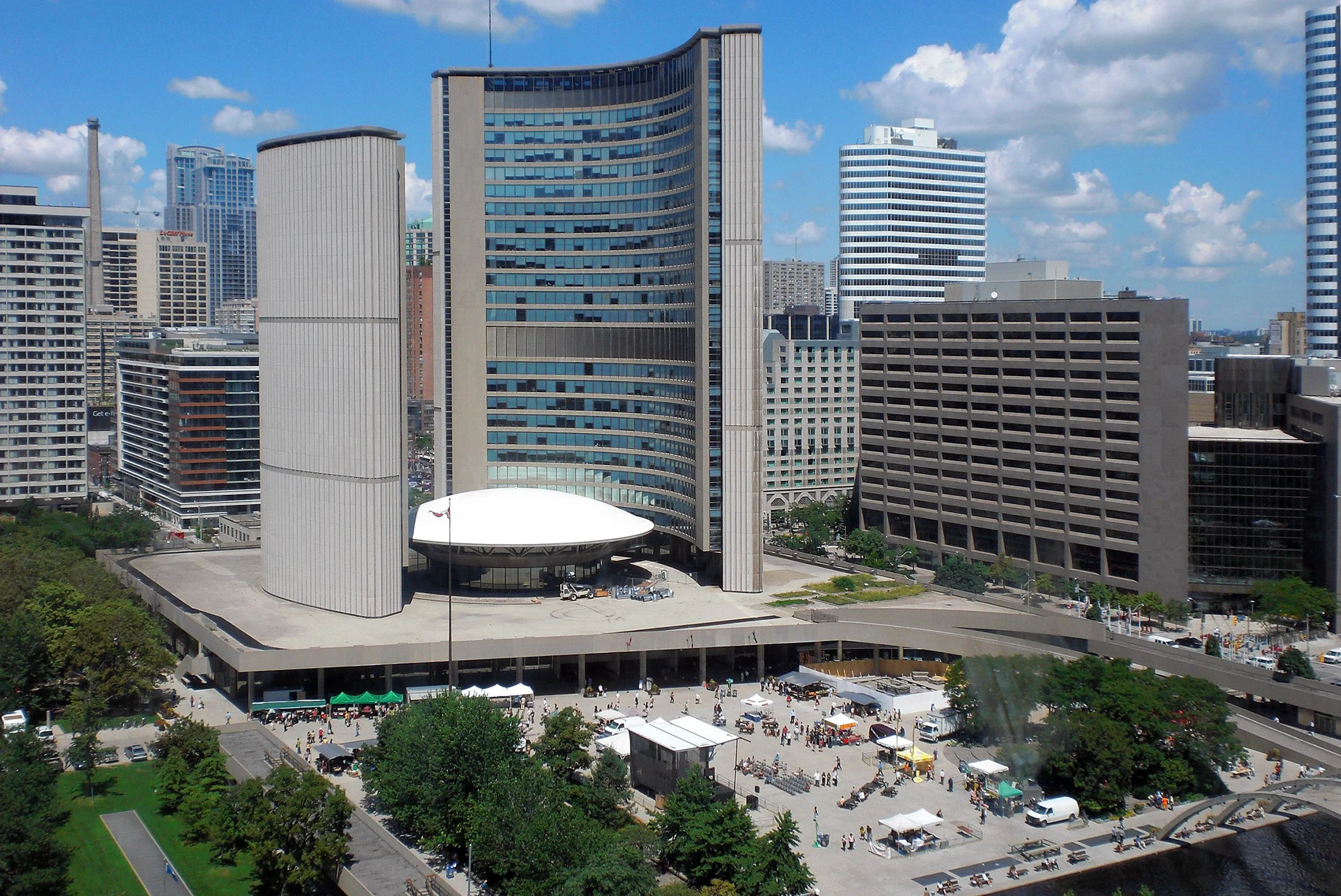 Toronto City Hall viewed from south showing towers and council chamber and public square