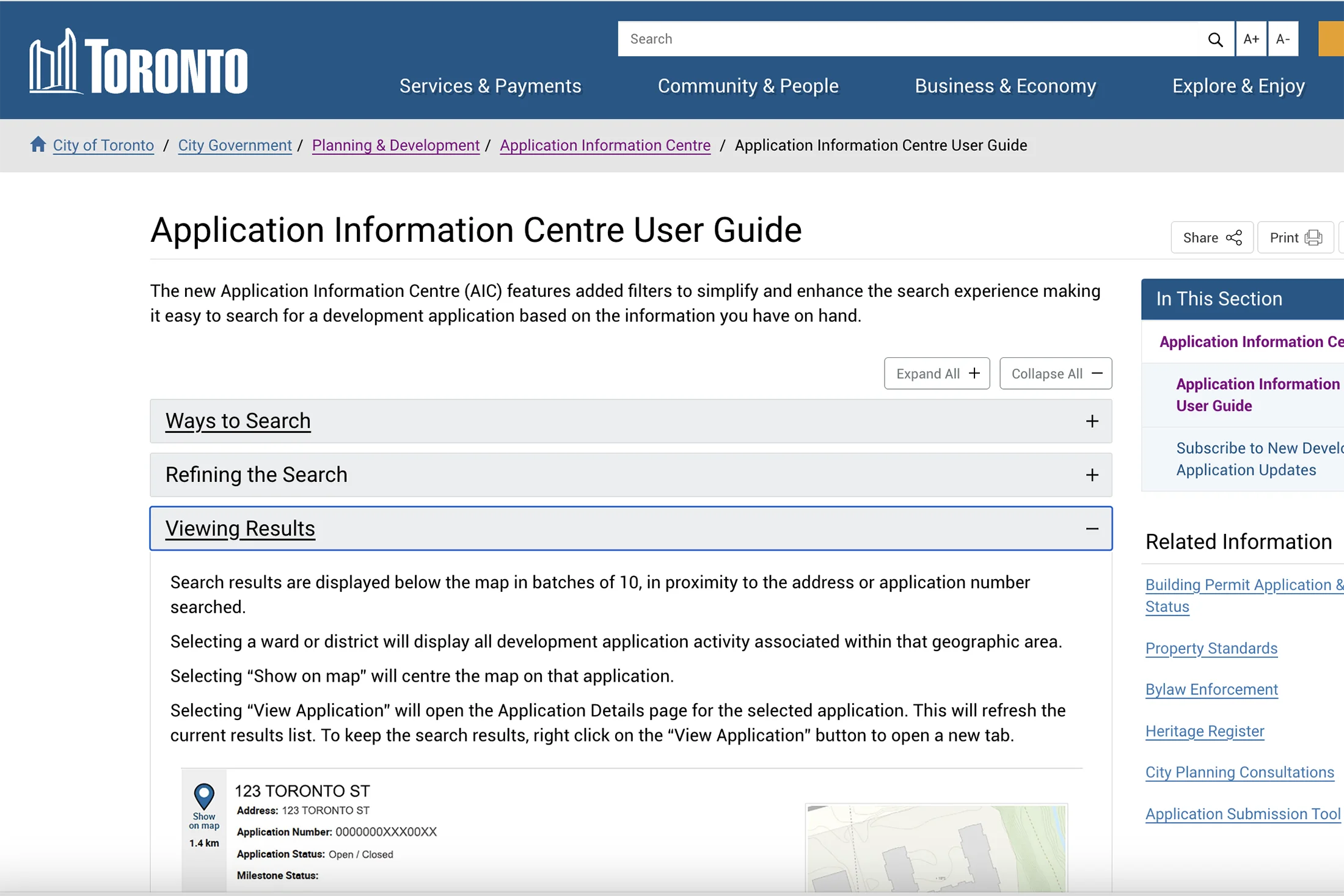 City of Toronto Application Centre web page