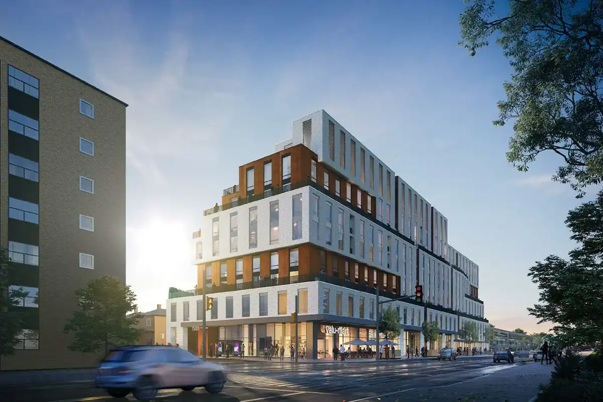 Mid-rise building on busy street