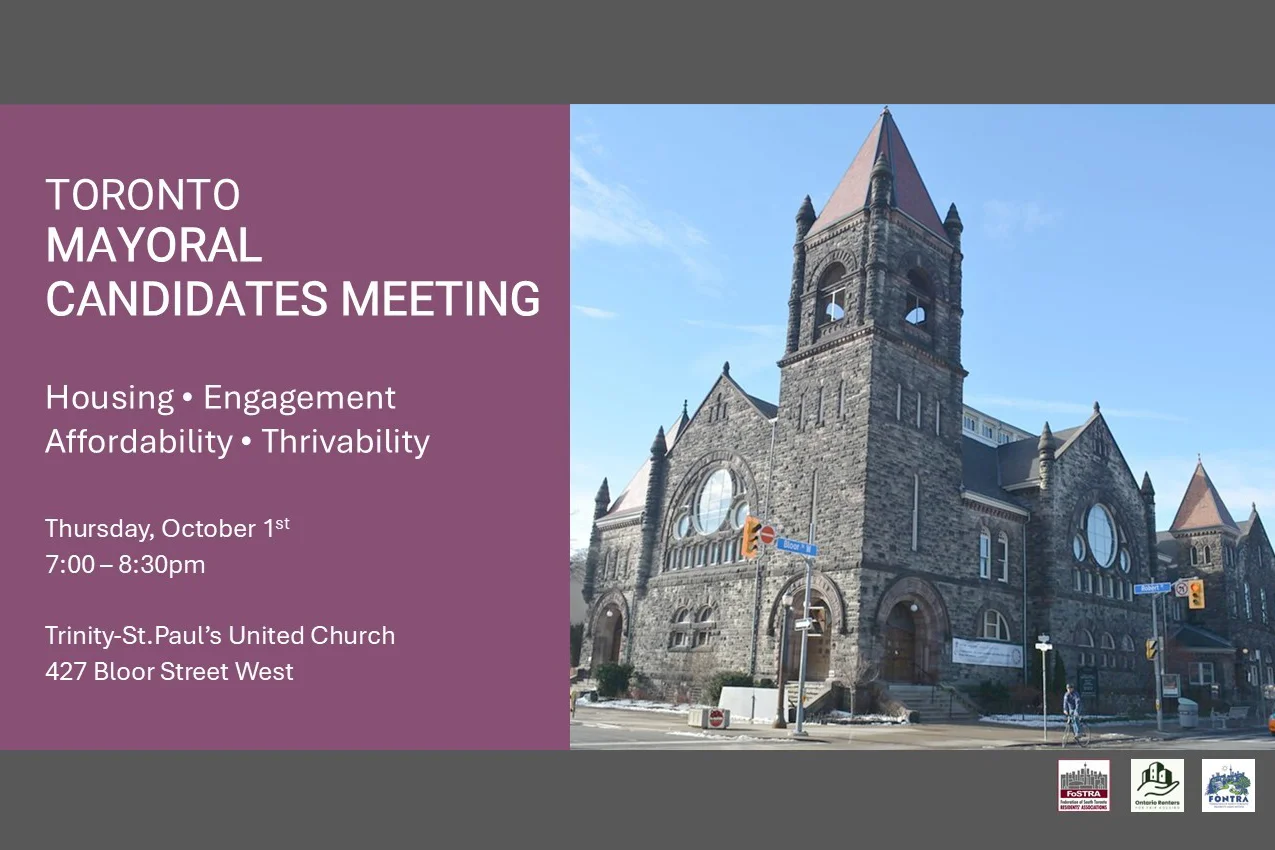 Mayoral debate announcement with picture of grey stone church against blue sky